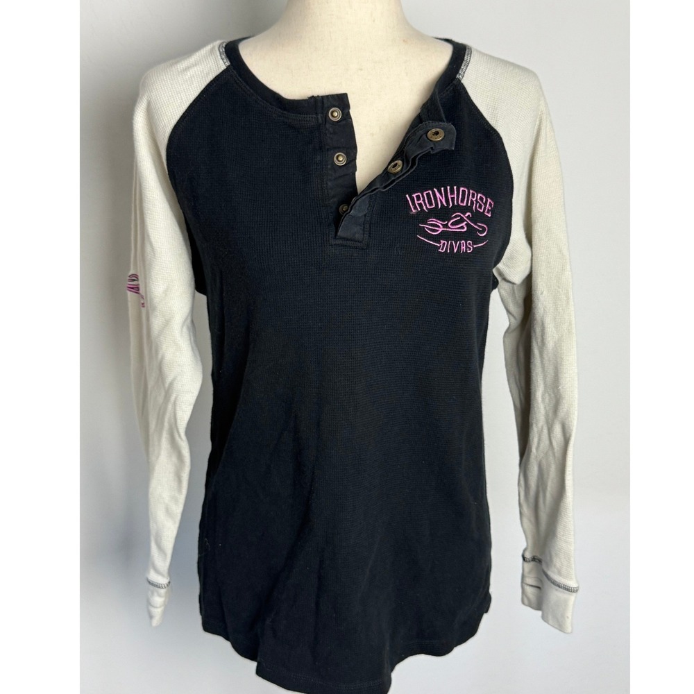Y2K Ironhorse Divas Womens XL Thermal Henley Shirt Biker Motorcycle Black Pink